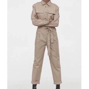 H&M Khaki Slack Cargo Long Sleeve Jumpsuit Tie Waist 0